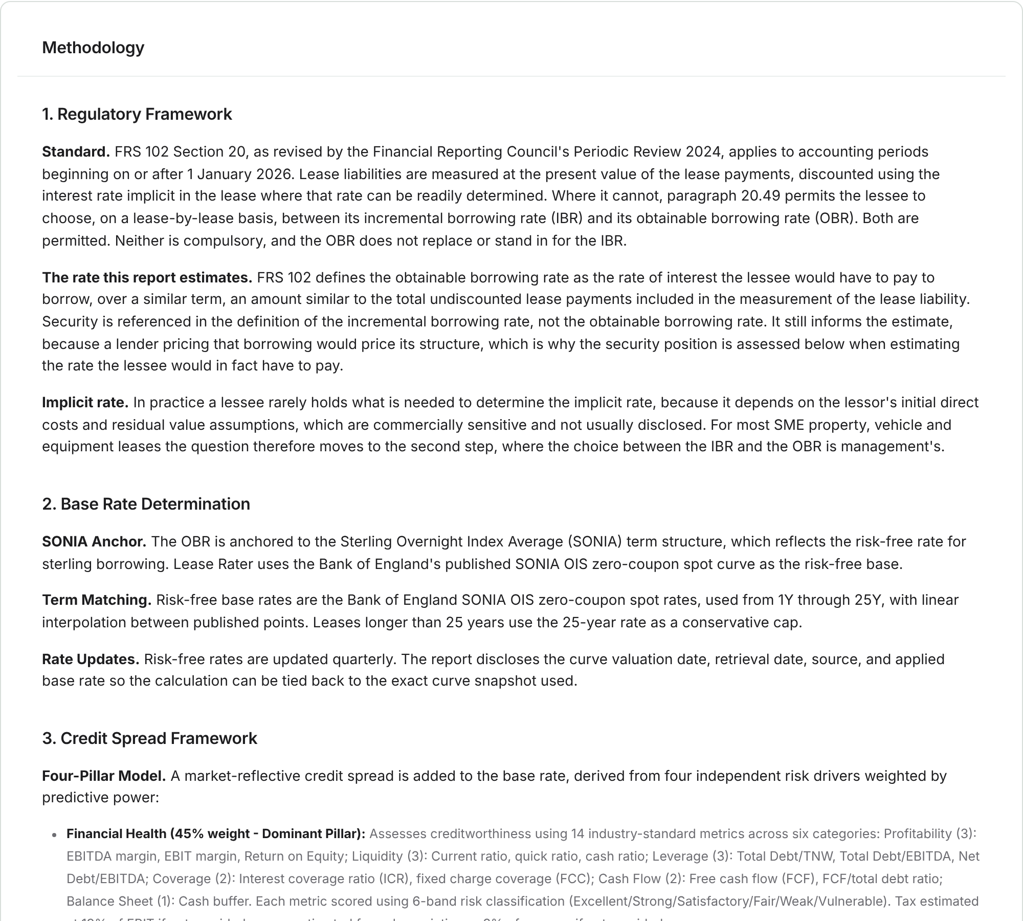 The methodology section of the output page, describing how the obtainable borrowing rate was derived.